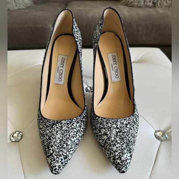 Jimmy Choo ROMY 100 Pointy Toe Pump Heel Shoes Black White Glitter 38.5 - Picture 9 of 17